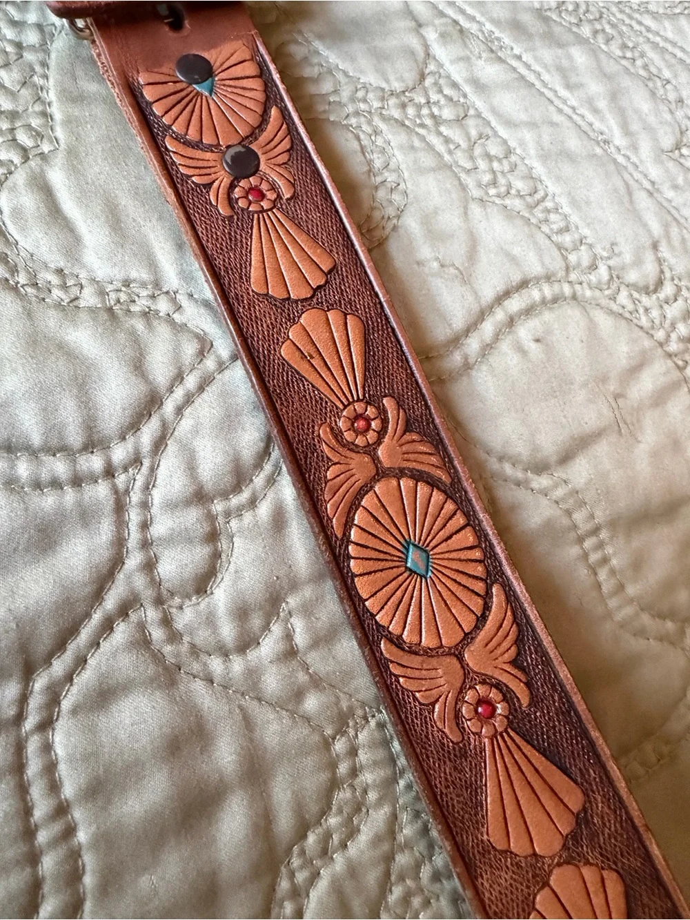 Stunning VTG Tooled Leather Zuni Sun Hand Painted Western Boho Belt Aztec, L
